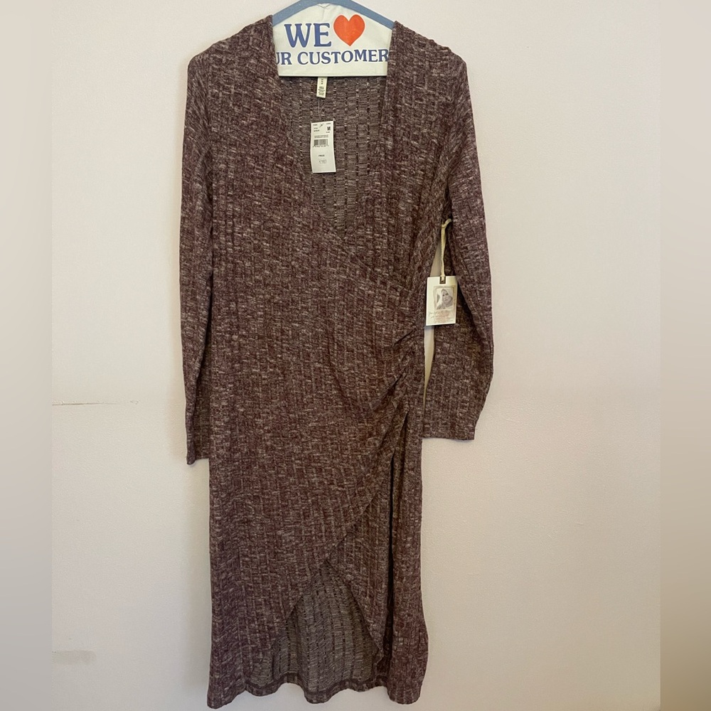 Jessica Simpson Plum Ribbed Faux-Wrap Long Sleeve Dress